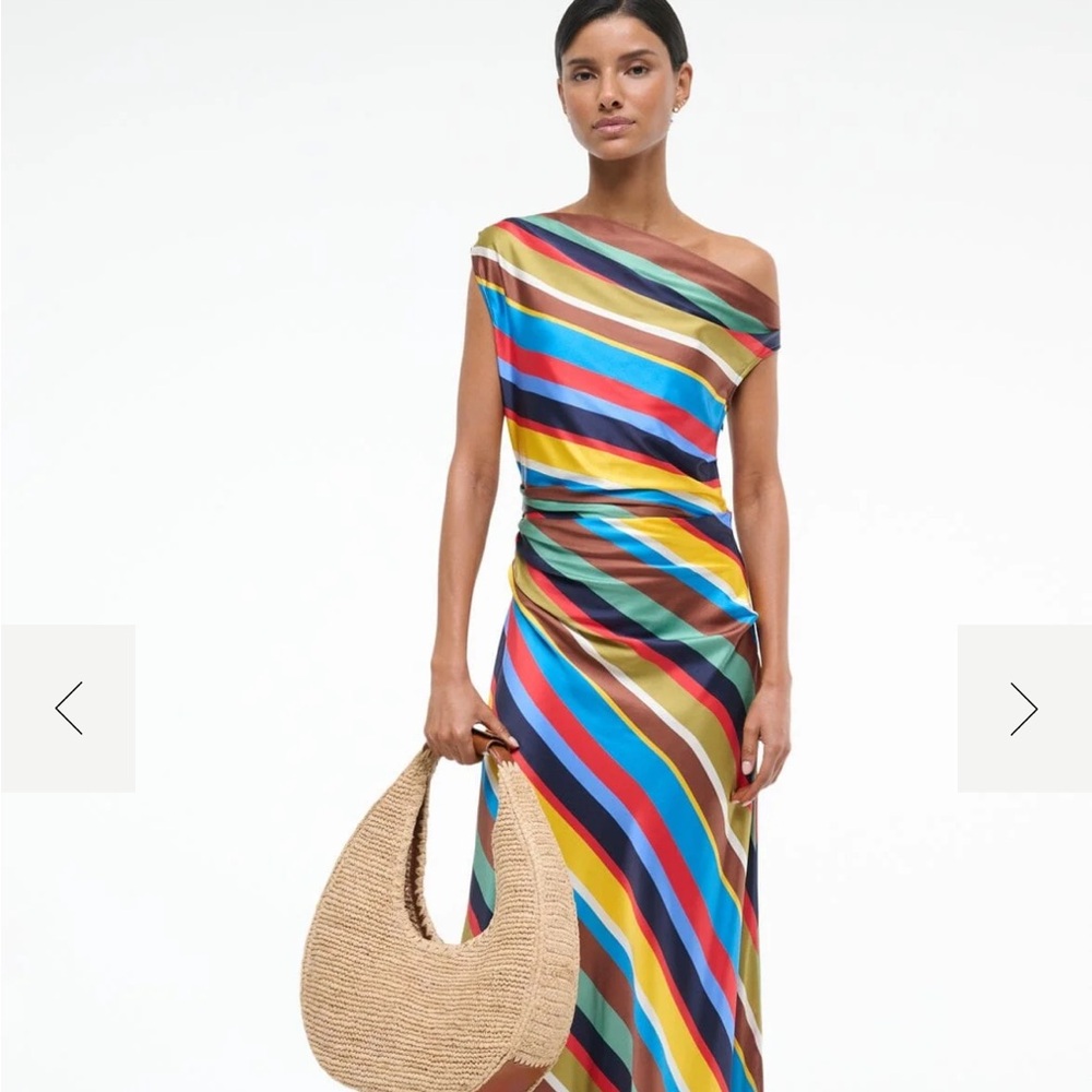 STAUD Blue and Yellow Asymmetrical One Shoulder Cocktail Dress